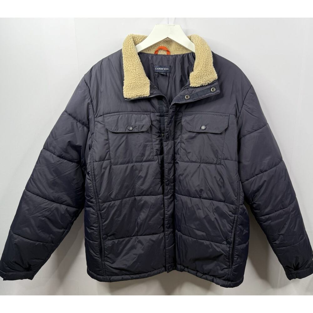 Lands' End Quilted Sherpa Collar Puffer Jacket Navy Blue Sz L 42 44 Gorpcore